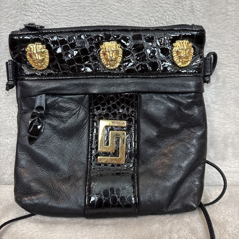 Cache Vintage 80's Black Leather Shoulder Bag Gold Hardware Versacesque Glam